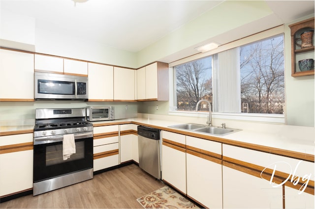 kitchen with appliances with stainless steel finishes, light hardwood / wood-style floors, white cabinets, and sink