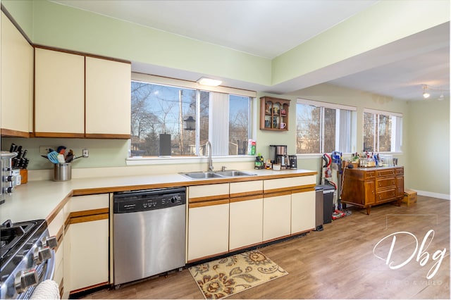 kitchen featuring stainless steel appliances, light hardwood / wood-style flooring, and sink