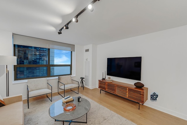 living room featuring hardwood / wood-style floors and rail lighting