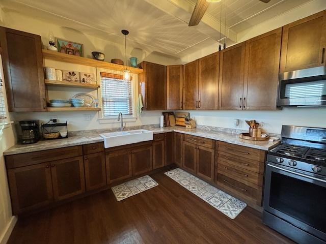 kitchen with sink, hanging light fixtures, stainless steel appliances, beamed ceiling, and dark hardwood / wood-style floors