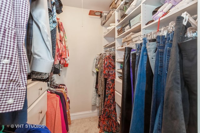 spacious closet featuring light colored carpet