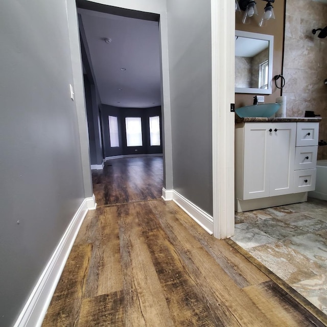 hall featuring dark hardwood / wood-style floors and sink