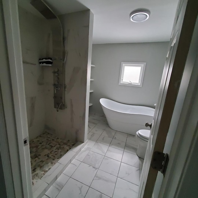 bathroom featuring separate shower and tub and toilet