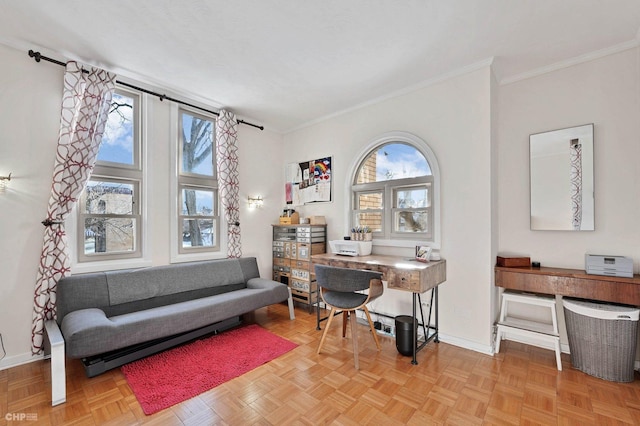 interior space featuring crown molding and light parquet floors