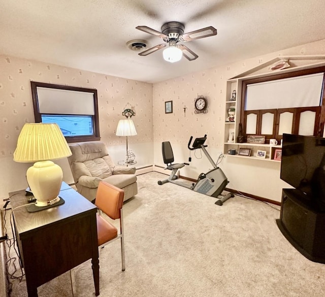 workout room with ceiling fan, carpet floors, and a textured ceiling