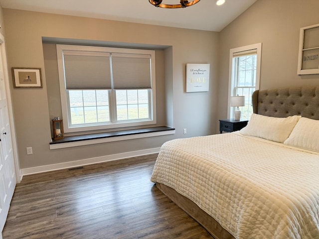 bedroom featuring lofted ceiling and dark hardwood / wood-style floors