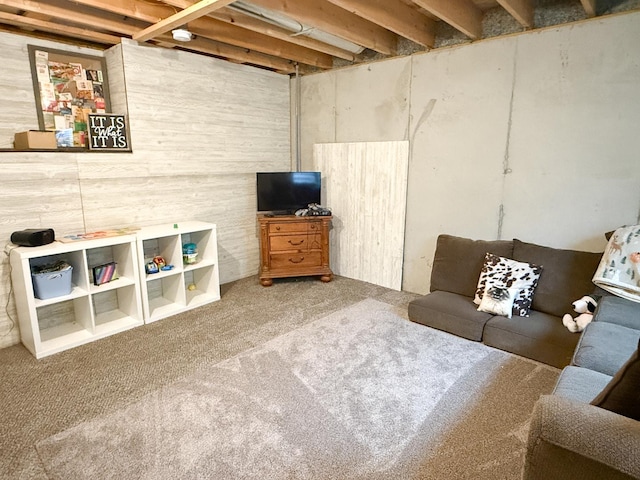 basement featuring carpet flooring