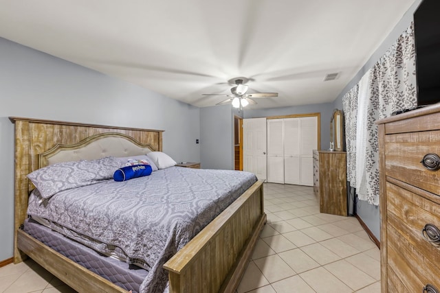 tiled bedroom featuring ceiling fan and a closet