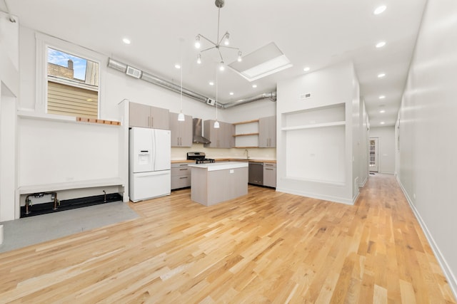 kitchen featuring pendant lighting, gray cabinetry, wall chimney exhaust hood, a kitchen island, and stainless steel appliances