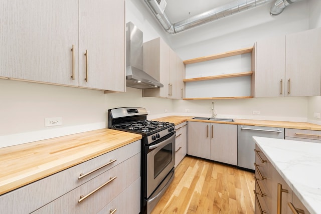 kitchen featuring sink, wall chimney range hood, wood counters, appliances with stainless steel finishes, and light wood-type flooring