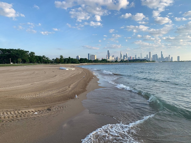 property view of water featuring a beach view