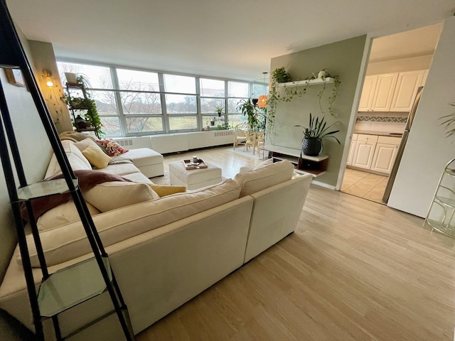 living room with radiator and light hardwood / wood-style flooring