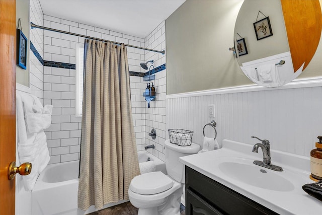 full bathroom with wood-type flooring, toilet, vanity, and shower / tub combo with curtain