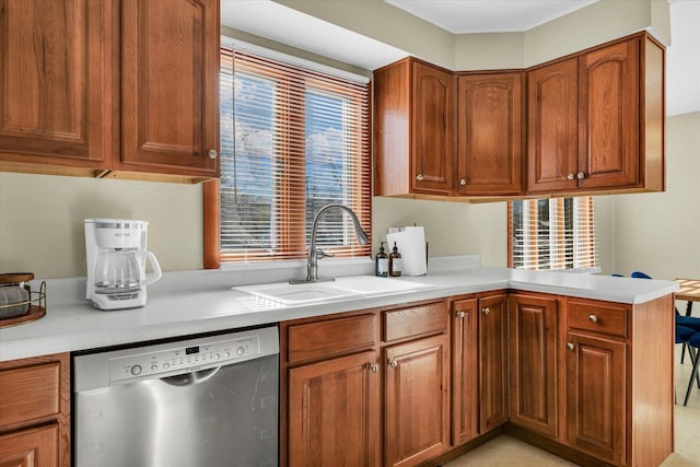 kitchen featuring a healthy amount of sunlight, kitchen peninsula, dishwasher, and sink