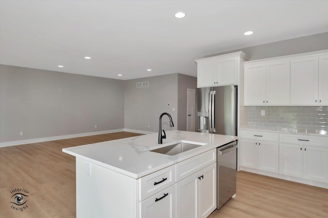 kitchen featuring sink, backsplash, an island with sink, white cabinets, and appliances with stainless steel finishes