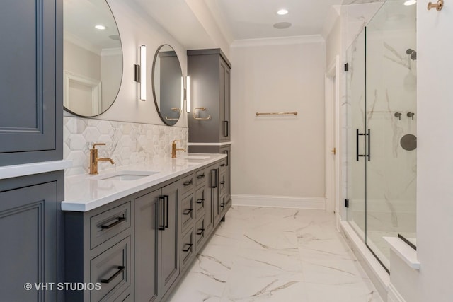 bathroom featuring crown molding, walk in shower, tasteful backsplash, and vanity