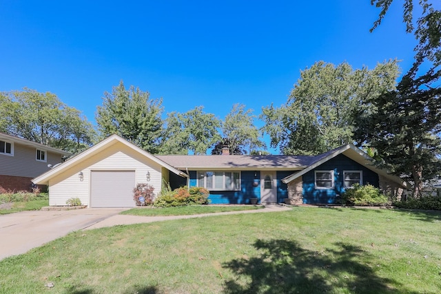 single story home featuring a front lawn and a garage