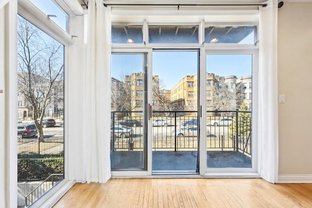 entryway with baseboards, a wealth of natural light, and wood finished floors