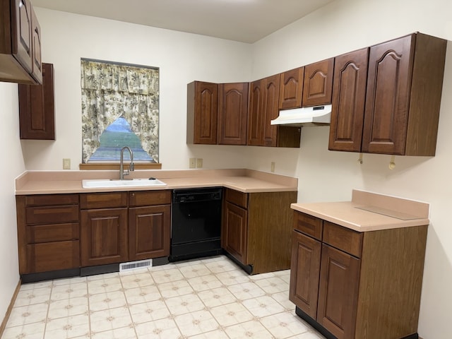 kitchen with dark brown cabinets, black dishwasher, and sink