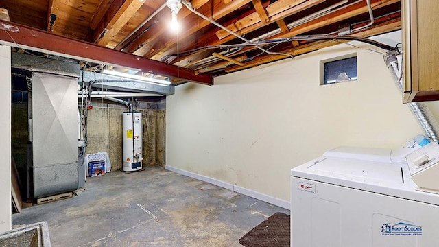 basement with separate washer and dryer, heating unit, and gas water heater