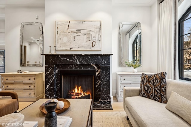 living area featuring plenty of natural light, a fireplace, and light wood-type flooring