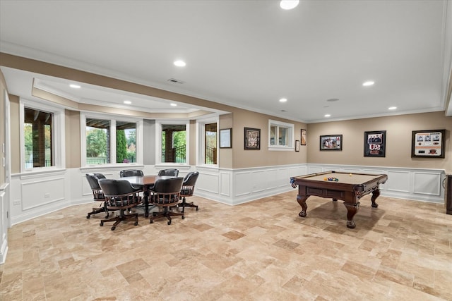 recreation room featuring crown molding and pool table