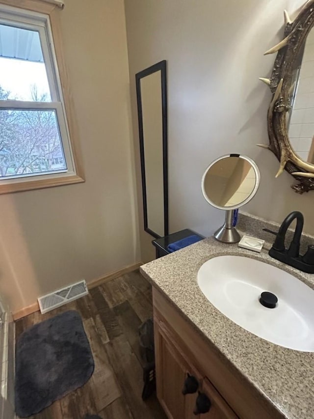 bathroom featuring hardwood / wood-style floors and vanity