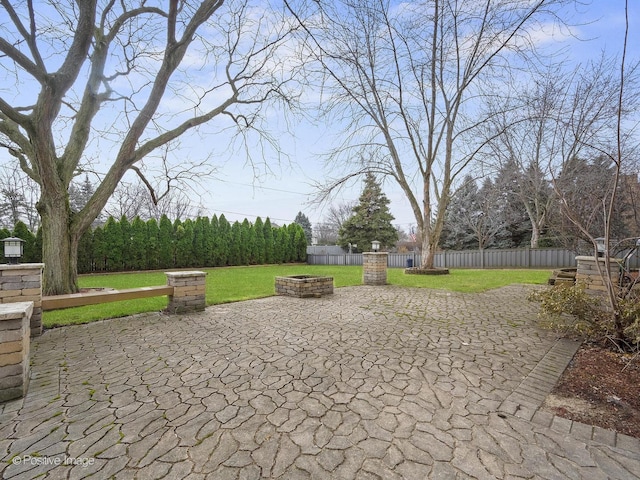 view of patio / terrace with a fire pit