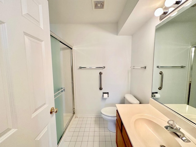 full bath with visible vents, toilet, a stall shower, vanity, and tile patterned flooring