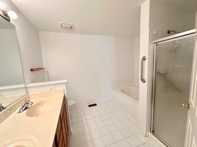 full bathroom featuring a garden tub, a sink, visible vents, and a shower stall