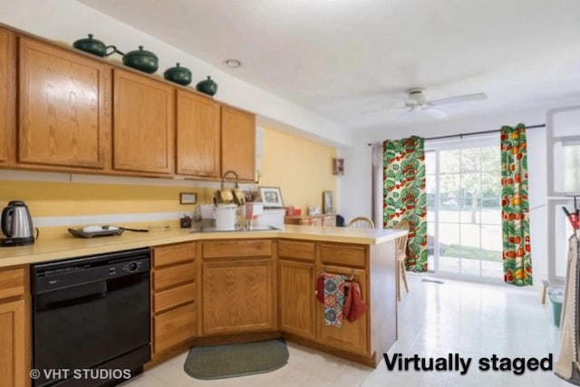 kitchen with dishwasher, ceiling fan, and kitchen peninsula