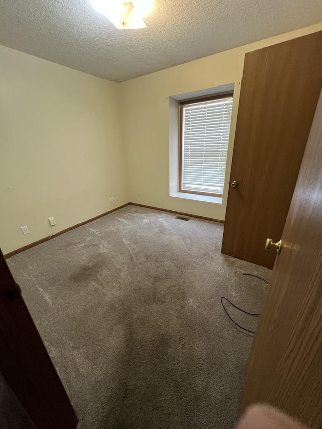 unfurnished room with carpet and a textured ceiling