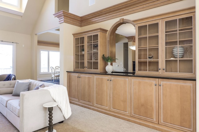 bar featuring lofted ceiling and crown molding