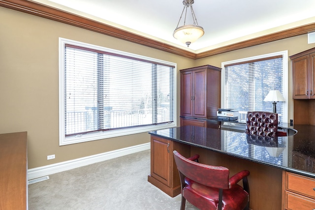 home office featuring light colored carpet and ornamental molding