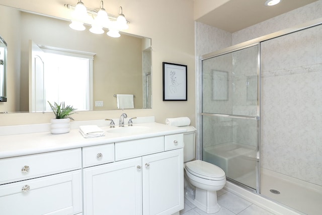 bathroom with toilet, an enclosed shower, vanity, and tile patterned floors