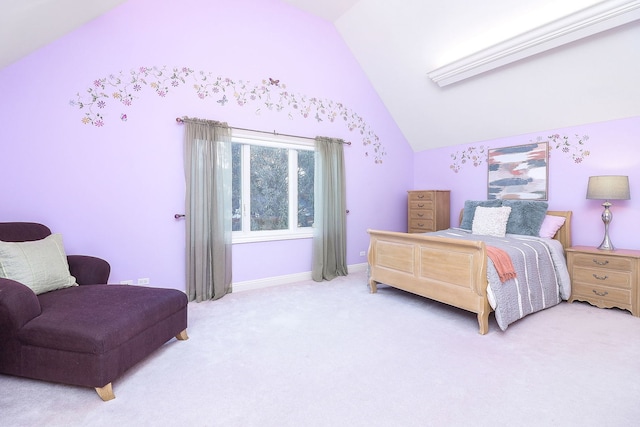 carpeted bedroom featuring vaulted ceiling