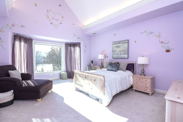 bedroom with ornamental molding, light colored carpet, and high vaulted ceiling