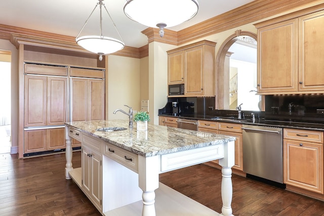 kitchen with sink, an island with sink, dishwasher, and dark stone countertops