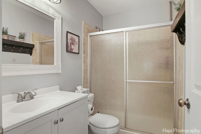 bathroom featuring vanity, an enclosed shower, and toilet