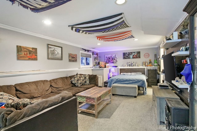 carpeted bedroom featuring crown molding