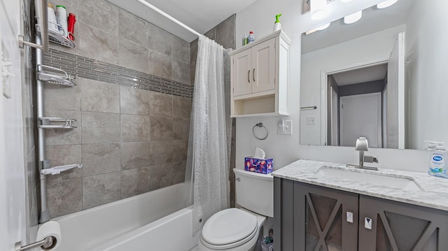 full bathroom with vanity, toilet, and shower / bathtub combination with curtain