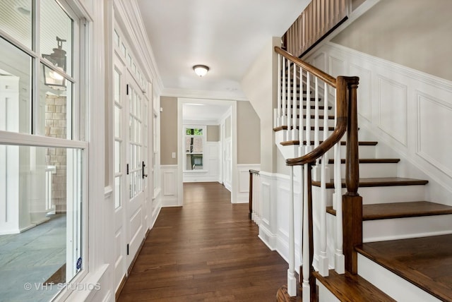 entrance foyer with crown molding and dark hardwood / wood-style floors