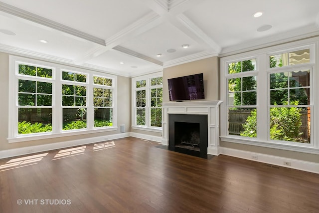 unfurnished living room featuring dark wood-type flooring, ornamental molding, beam ceiling, and coffered ceiling