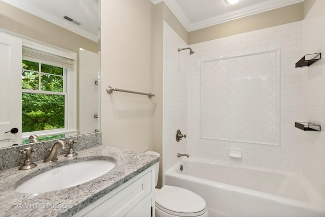 full bathroom featuring toilet, ornamental molding,  shower combination, and vanity