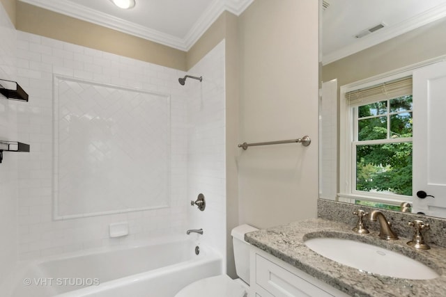 full bathroom with toilet, vanity, bathtub / shower combination, and crown molding