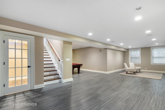 interior space featuring dark colored carpet and billiards