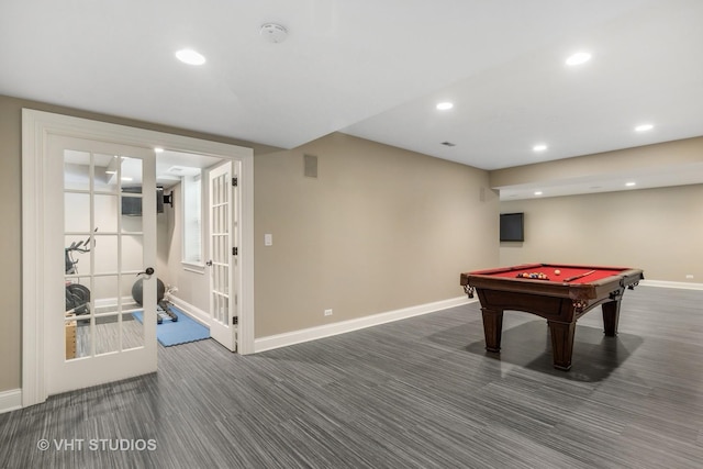 rec room featuring dark carpet, french doors, and billiards