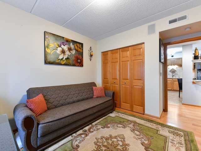 living room featuring wood-type flooring and a textured ceiling