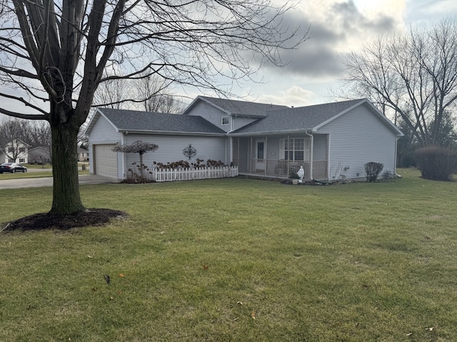 single story home with a garage, covered porch, and a front yard