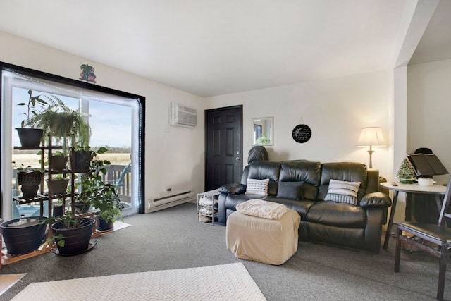 living room with carpet floors, an AC wall unit, and baseboard heating